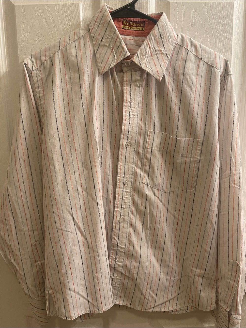 Men's Striped Button-Up Dress Shirt in White with Red & Blue Lines